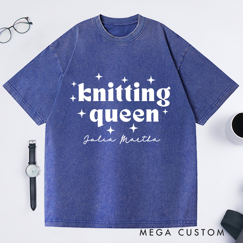 Personalized Knitting Queen Washed T-Shirts Knitter Shirt Colorful Sewing T-Shirt Womens Crochet T-Shirt Comfy Top Bright Words Tee Unique Font Shirt