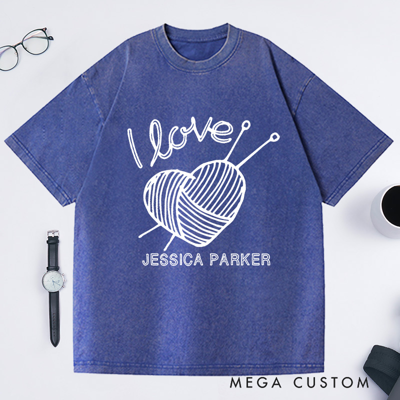 Personalized I Love Knitting Washed T-Shirts Gifts for Knitter Grandma Shirt Grandma Knit Tee Custom Tee