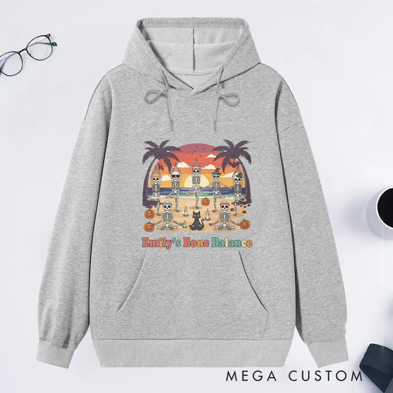 Personalized Funny Halloween Beach Theme Classic Hoodie with Bone Balance and Skeleton Yoga Design Custom Name Gift Idea for Yoga Lover