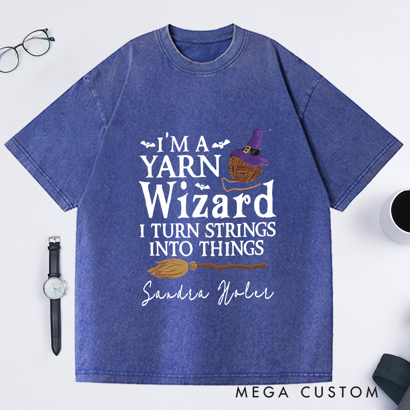 Personalized I'm a Yarn Wizard Washed T-Shirts Knit T-Shirt Knitting Gift Knitter Gifts Custom Tee