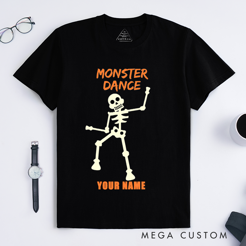 Personalized Skeleton Dance T-Shirt Custom Name Halloween Glow in the Dark Funny Gift for Men Unique Spooky Customizable Present