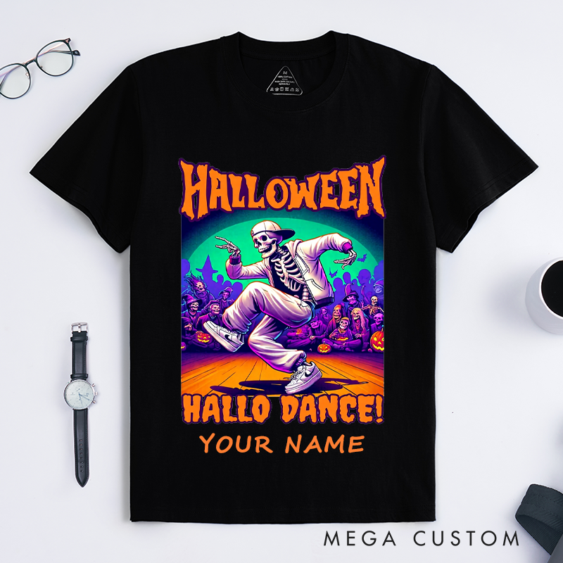 Personalized Halloween Skeleton Dance T-Shirts Custom Name Hip Hop Breakdance Shirt Spooky Gift for Men Unique Halloween Outfit for Boys