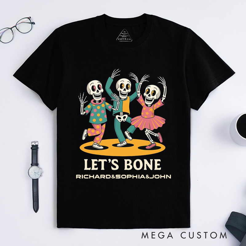 Personalized Dancing Skeletons T-Shirts Custom Name Funny Retro Halloween Gift for Men Women Unisex Spooky Skeleton Tee