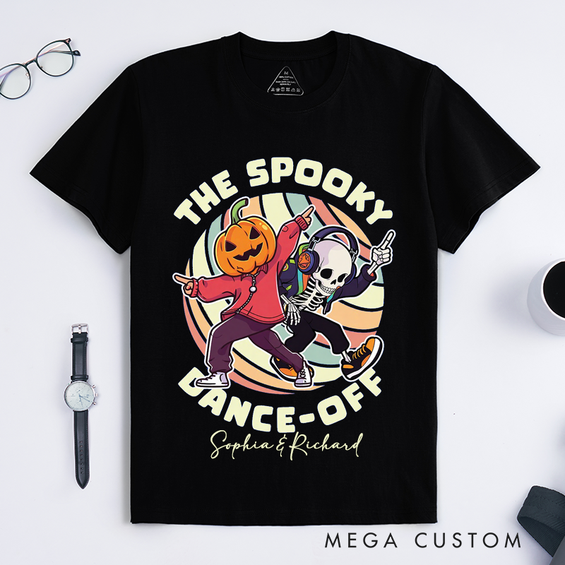 Personalized Spooky Dance Off Halloween T-Shirts Custom Name Unisex Funny Pumpkin Skeleton Dancing Costume Gift for Friends Family