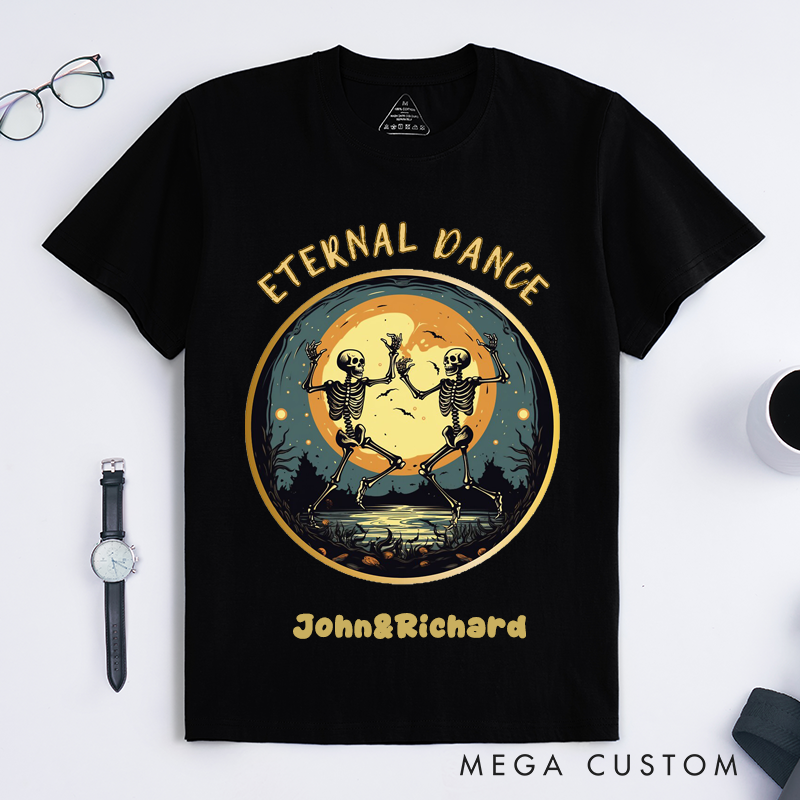 Personalized Skeleton Dance T-Shirt Unique Eternal Dance Halloween Gift for Men Women Friends Custom Name Vintage Dancing Skeletons Tee