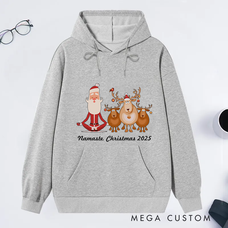 Personalized Christmas Classic Hoodie with Funny Santa and Yoga Reindeer Theme Custom Time Gift Idea for Yoga Lover