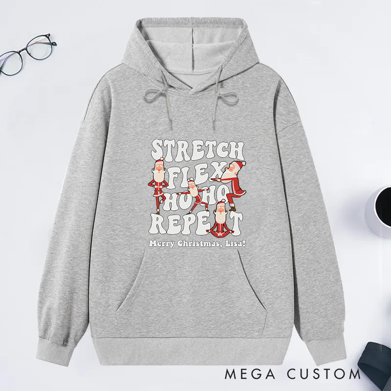 Personalized Christmas Classic Hoodie with Stretch, Flex, Ho Ho Ho Design Custom Name Gift Idea for Yoga Lover