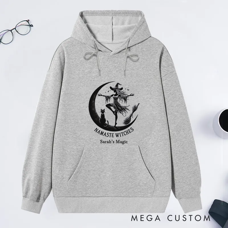 Personalized Namaste Witches Classic Hoodie with Elegant Witch and Moon Design Custom Name Gift Idea for Yoga Lover