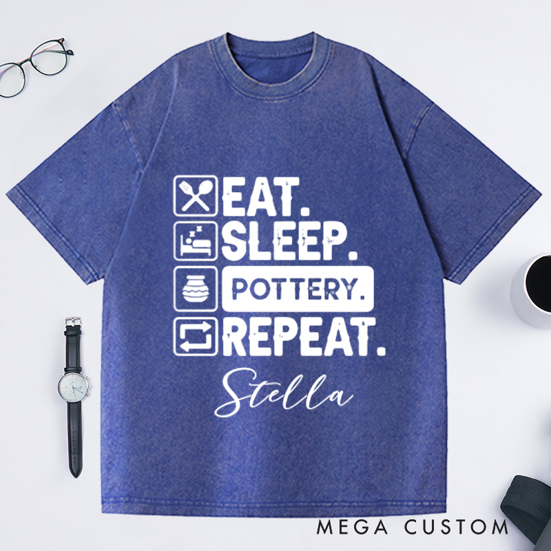 Personalized Eat Sleep Pottery Repeat Washed T-Shirts Gift for Potter Potters Shirt Clay Tshirt Custom Tee