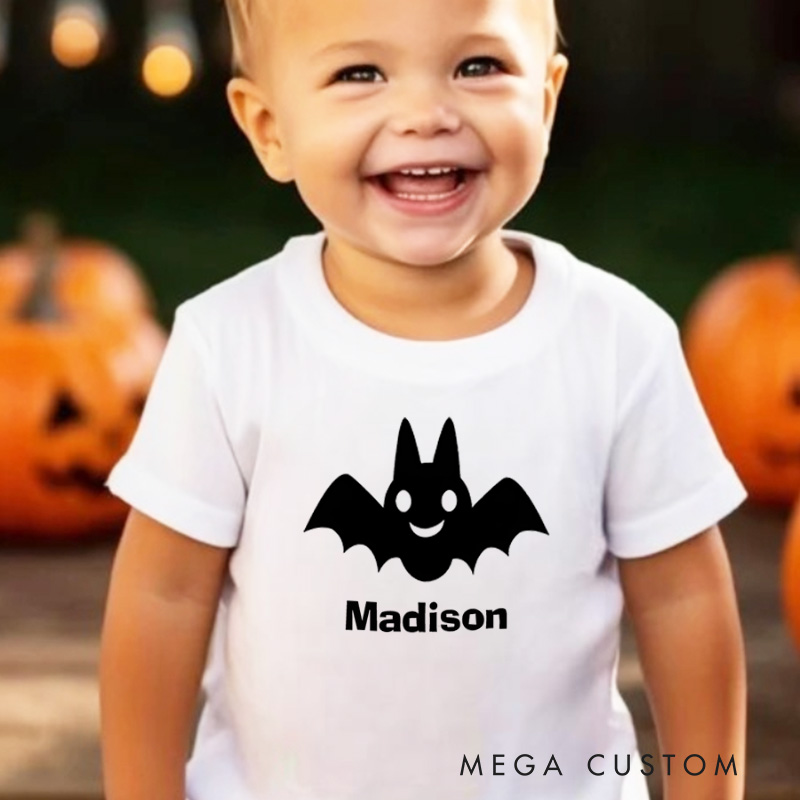 Personalized Smiling Bat Halloween Shirt for Kids Great for Adding a Cute and Festive Touch to Halloween Outfits Kids T-Shirt