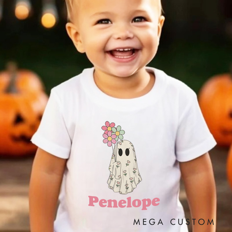 Personalized Girls Ghost Name Toddler T-Shirt Cute Fall Girls T-Shirt with Ghost Hallown Gift