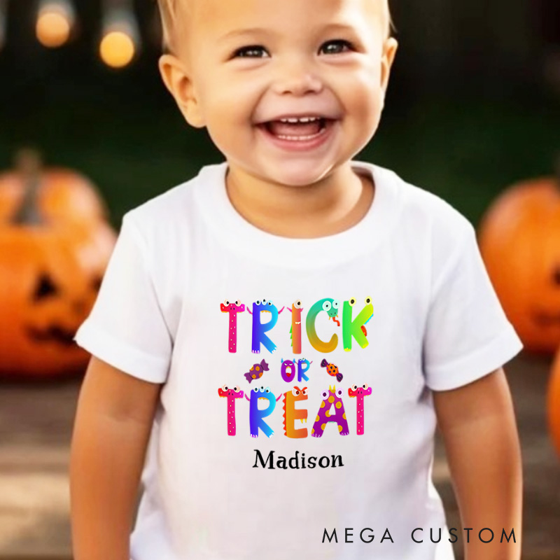 Personalized Trick or Treat Halloween Shirt for Kids Perfect for Fun and Colorful Outfits During the Spooky Season Kids T-Shirt