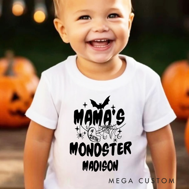 Personalized Mama’s Little Monster Halloween Shirt for Kids Perfect for Fun and Spooky Family Moments During Halloween Kids T-Shirt