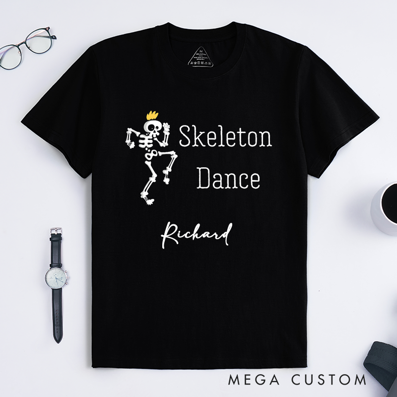 Personalized Funny Skeleton Dance Graphic T-Shirts Unique Dancing Skeleton Gift for Men Custom Name Halloween Clothing for Him