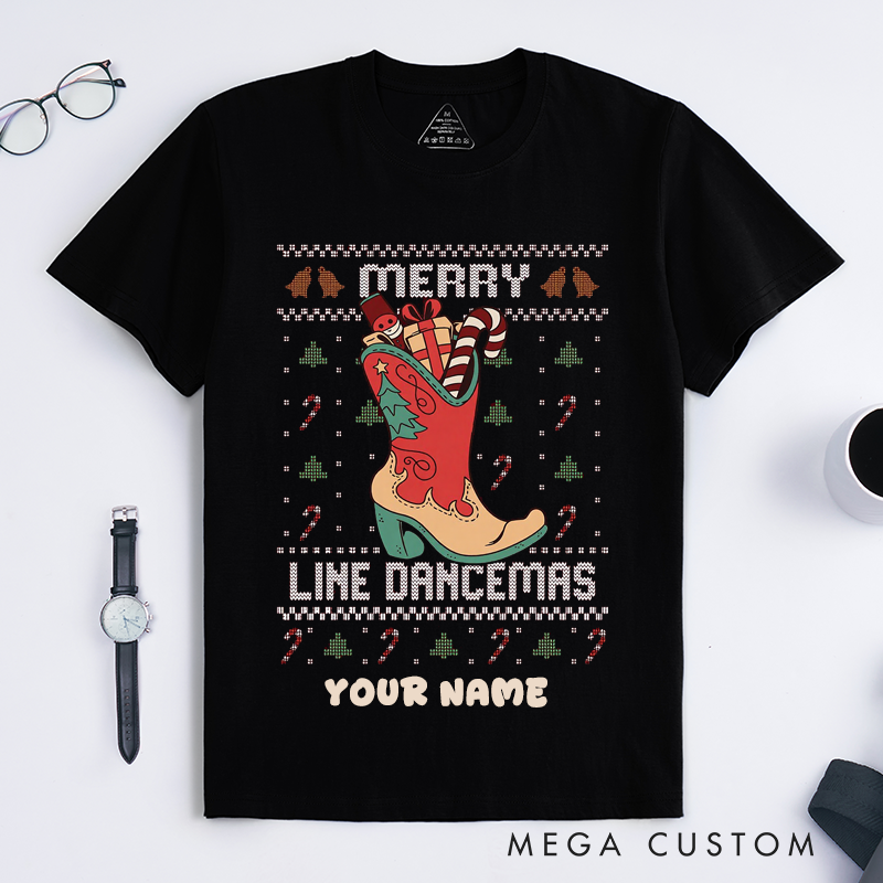 Personalized Merry Line Dancemas Christmas Cowboy Boot T-Shirts Unisex Custom Gift for Line Dance Lovers Fans