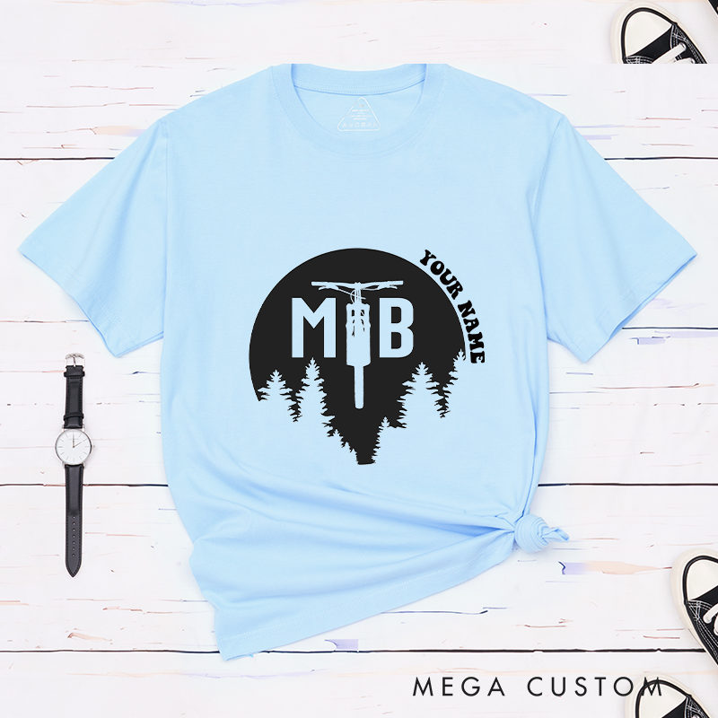 Personalized MTB Forest T-Shirt with Forest Silhouettes and a Fork Graphic for Outdoor Adventures Riding Cycling Biking Enthusiasts