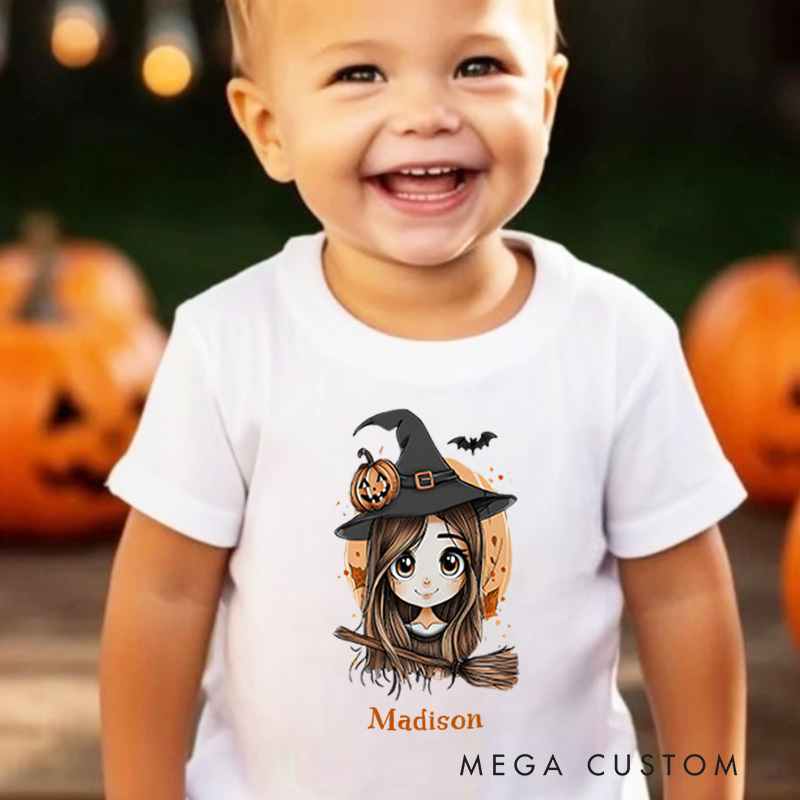 Personalized Adorable Halloween Witch Shirt for Kids Perfect for Fun and Spooky Celebrations During the Season Kids T-Shirt