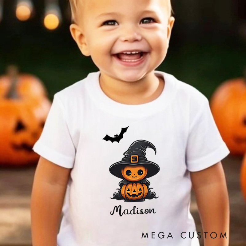 Personalized Pumpkin Witch Halloween Shirt for Kids Perfect for Adding a Magical and Festive Touch to Halloween Kids T-Shirt