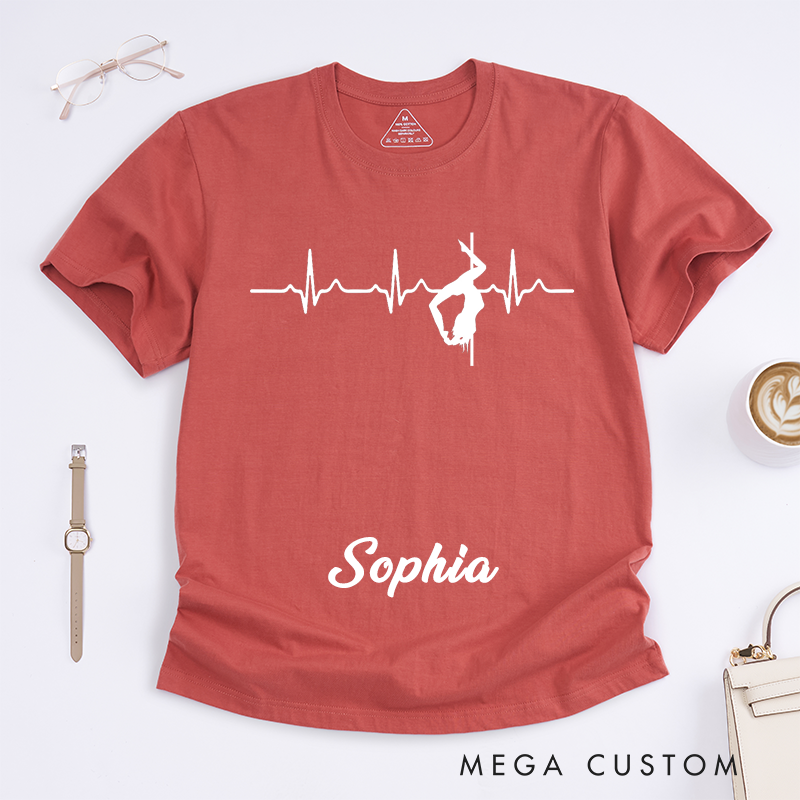 Personalized Pole Dancing T-Shirts Heartbeat Design Unique Fitness Gift for Women Dance Lovers Custom Name Present for Dancer