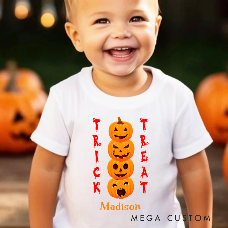 Personalized Trick or Treat Pumpkin Tower Halloween Shirt for Kids Perfect for Fun and Colorful Seasonal Celebrations Kids T-Shirt
