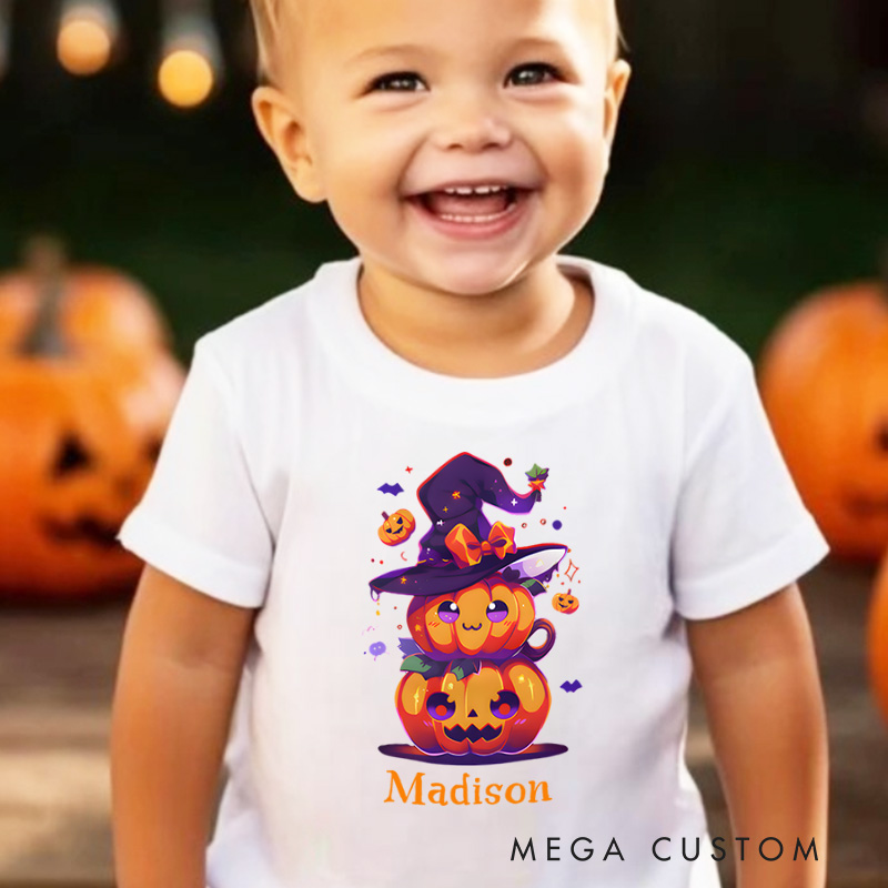 Personalized Witch Hat and Pumpkin Stack Halloween Shirt for Kids Perfect for Magical and Festive Halloween Celebrations Kids T-Shirt