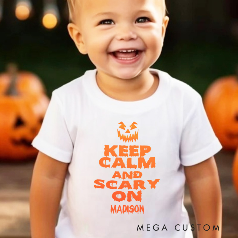 Personalized Keep Calm and Scary On Halloween Shirt for Kids Perfect for Adding Humor and Festive Fun Kids T-Shirt