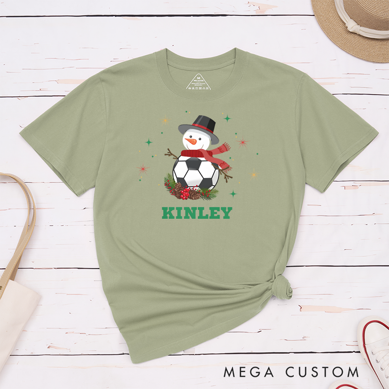 ersonalized Snowman Soccer T-Shirt with Custom Name Design for Christmas
