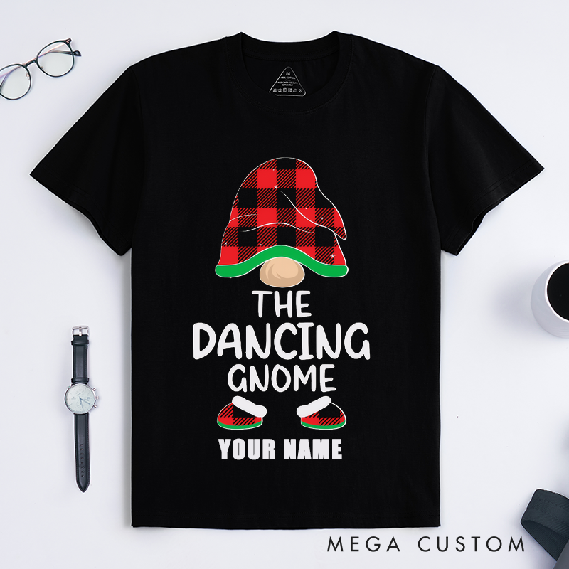 Personalized Dancing Gnome T-Shirts Unisex Cute Gift Plaid Hat Fun Custom Name Tee for Family Friends
