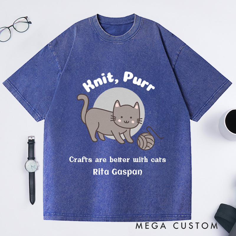 Personalized Funny Knitter Cat Washed T-Shirts Knitting T-Shirt Knitter T Shirt Knit Happens Crafts Kitty Lover Gift