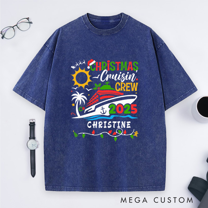 Personalized Christmas Cruisin'Crew Washed T-Shirt Family Christmas Cruise T-Shirt Gift for Outdoor Travel Lover