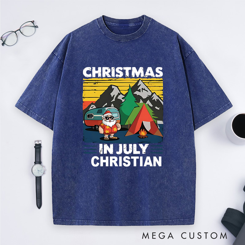 Personalized Christmas in July Washed T-Shirt Outdoor Tropical Camping Washed T-Shirt  Gift for Hiking Lover