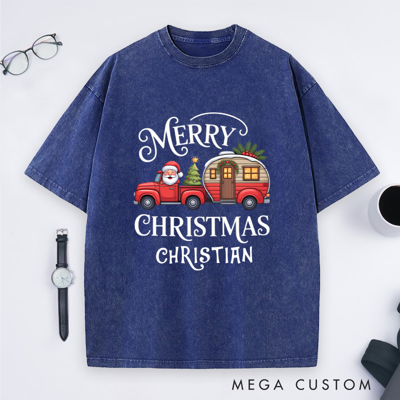Personalized Merry Christmas Washed T-Shirt Outdoor Camping T-Shirt Gift for Adventure Hiking Lover