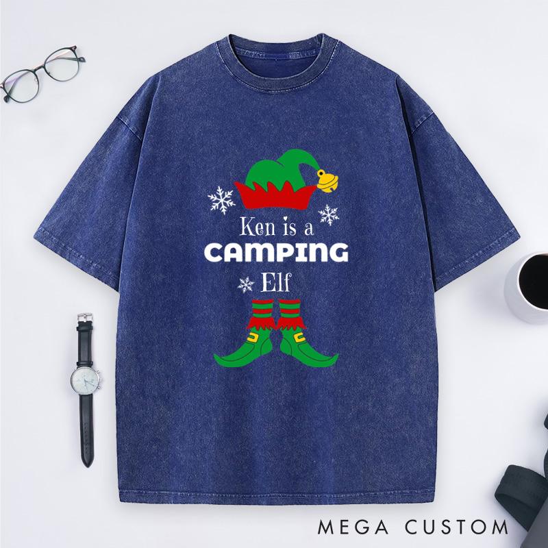 Personalized Camping Elf Washed T-Shirt Christmas Outdoor Adventure T-Shirt Gift for Hiking Lover