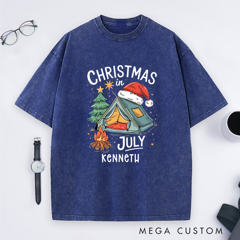 Personalized Christmas in July Washed T-Shirt Outdoor Camping Lover T-Shirt Christmas Gift for Hiking Lover
