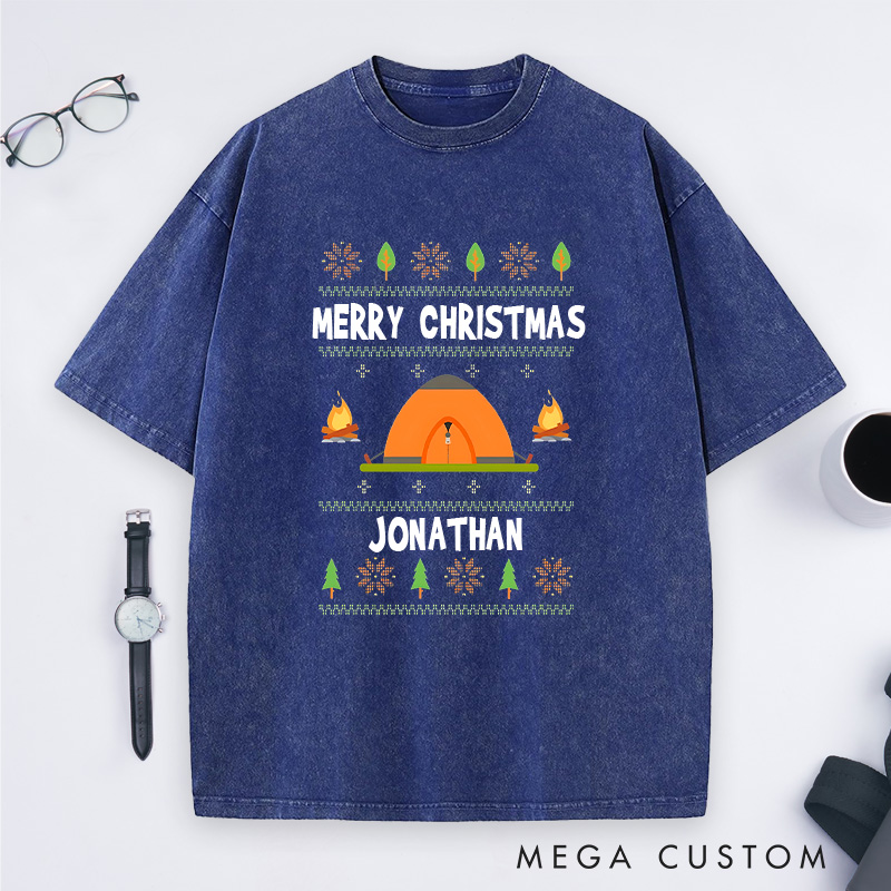 Personalized Camper Christmas Washed T-Shirt Outdoor Adventure T-Shirt Christmas Gift for Hiking Outdoors