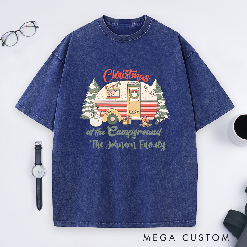 Personalized Christmas at the Campground Washed T-Shirt Camping Christmas T-Shirt Gift for Outdoor Hiking Lover