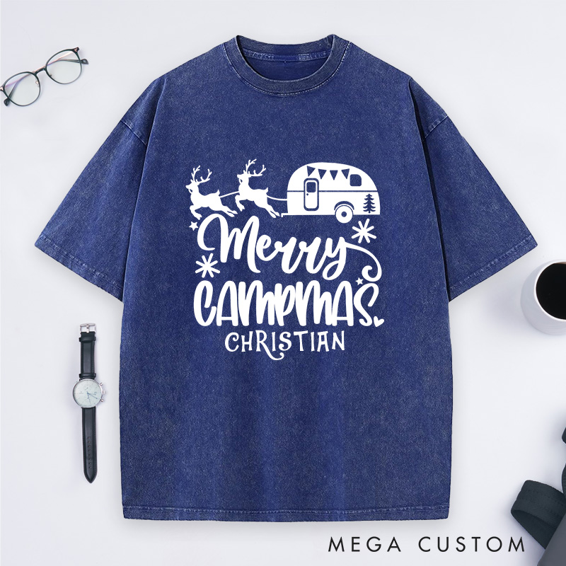 Personalized Merry Campmas Washed T-Shirt Outdoors Camping Christmas T-Shirt Gift for Hiking Lover