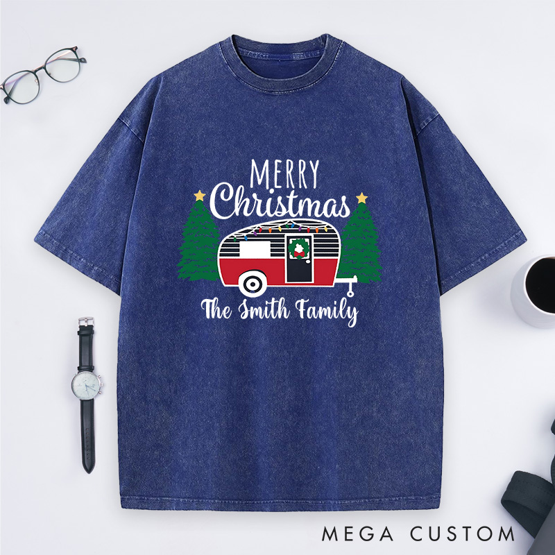 Personalized Cozy Camper Christmas Washed T-Shirt Merry Christmas T-Shirt Christmas Gift for Outdoors Lover