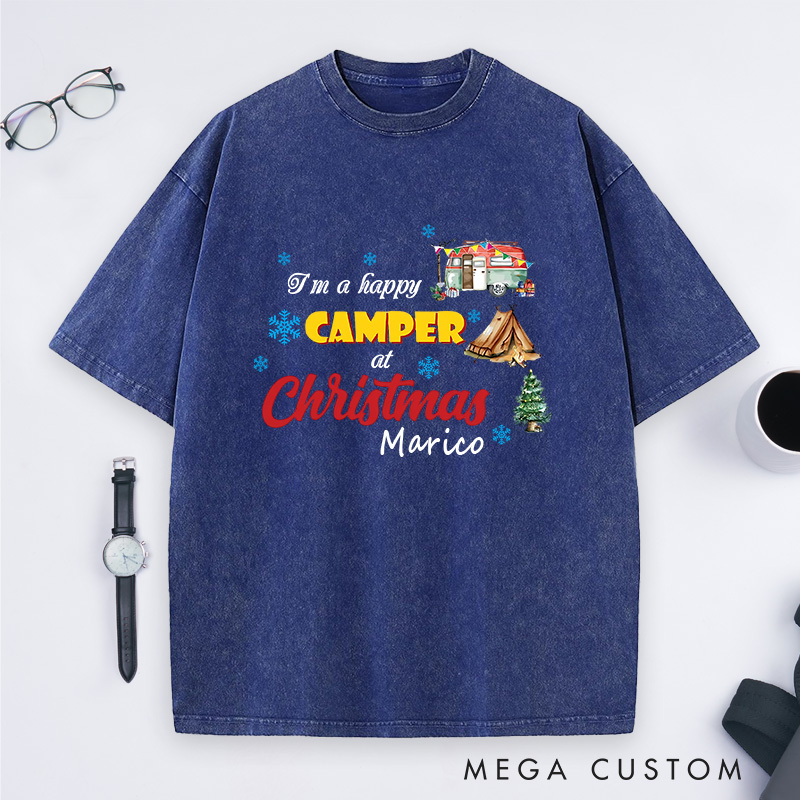 Personalized Christmas Camping Washed T-Shirt Hiking Adventure Lover T-Shirt for Outdoors Christmas Gift 