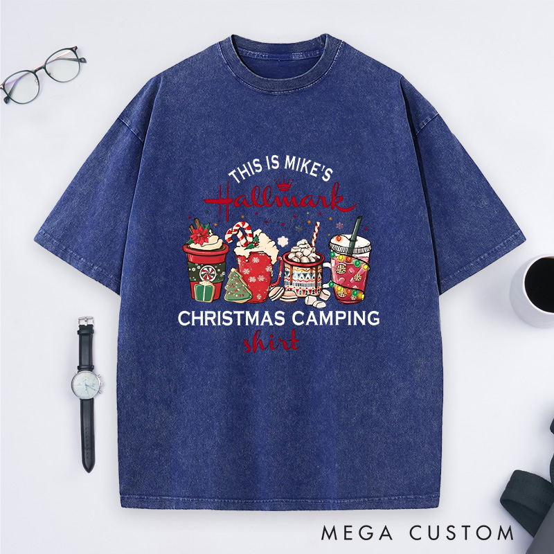 Personalized Christmas Camping Washed T-Shirt Holiday Spirit Shirt Gift for Outdoor Hiking Lover
