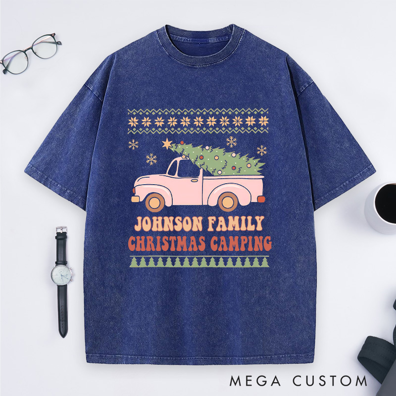 Personalized Family Christmas Camping Washed T-Shirt Outdoor Adventure Shirt Christmas Gift for Hiking Lover