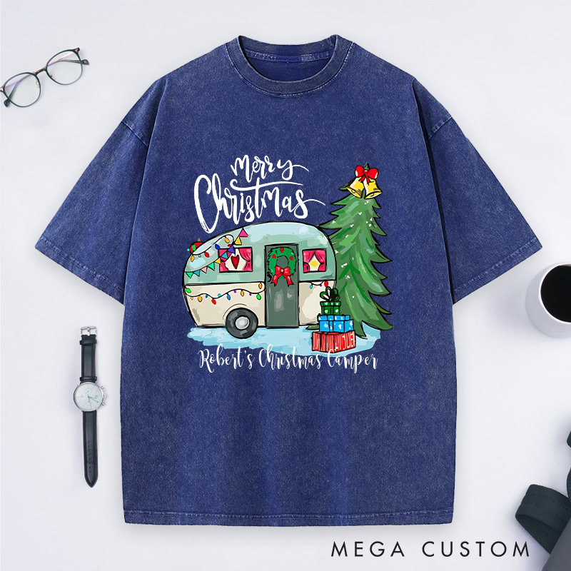 Personalized Camper Christmas Washed T-Shirt Hiking Outdoors Lover T-Shirt Christmas Gift