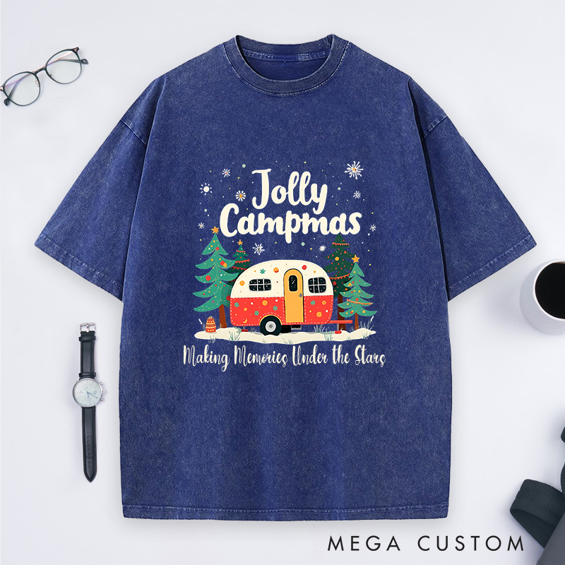 Personalized Jolly Campmas Washed T-Shirt Outdoor Camping Christmas Shirt Gift for Hiking Lover