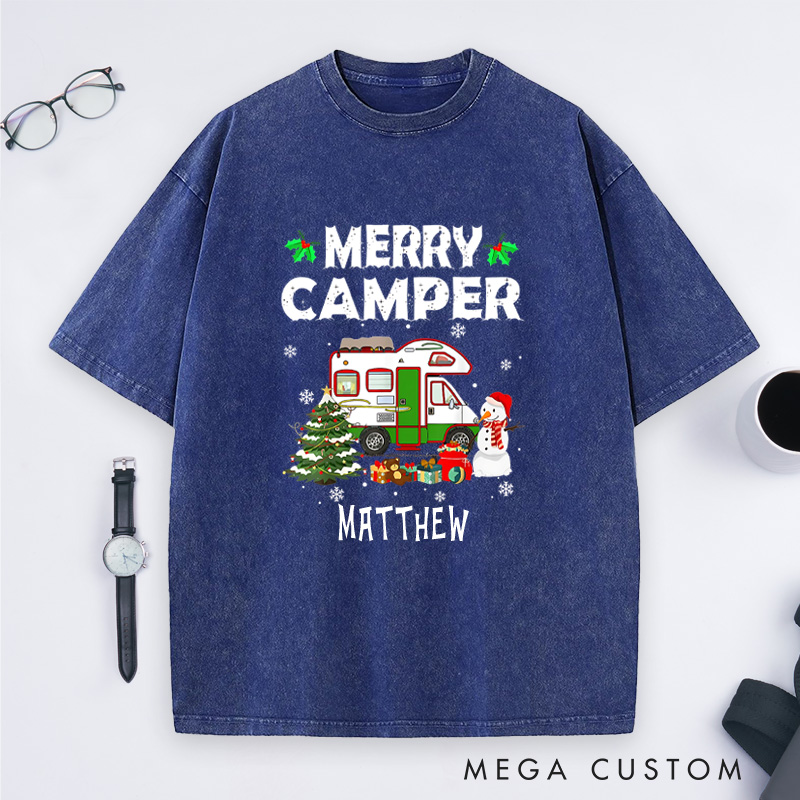 Personalized Merry Camper Washed T-Shirt Outdoor Camping Christmas T-Shirt Holiday Gift for Hiking Lovers