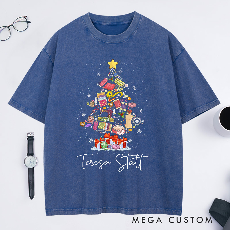 Personalized Sewing Machine Christmas Tree Washed T-Shirts Quilting Shirt Sewing Lover T-Shirt Christmas Tailor Gift Sewing Christmas Shirt