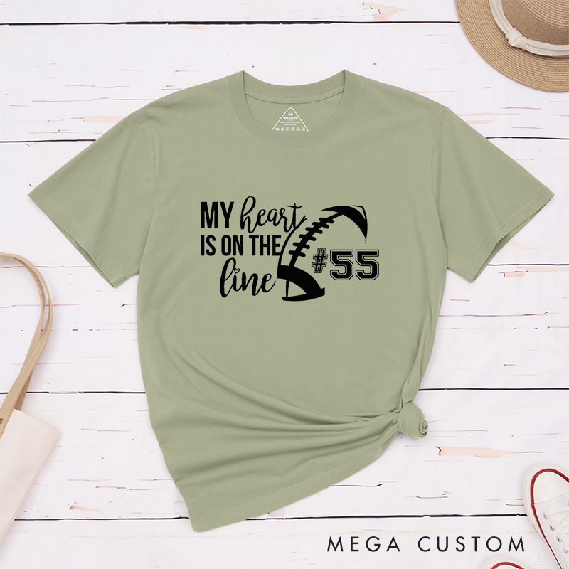 Personalized American Football and Rugby T-Shirts for "My Heart is on the Line" with Custom Jersey Number