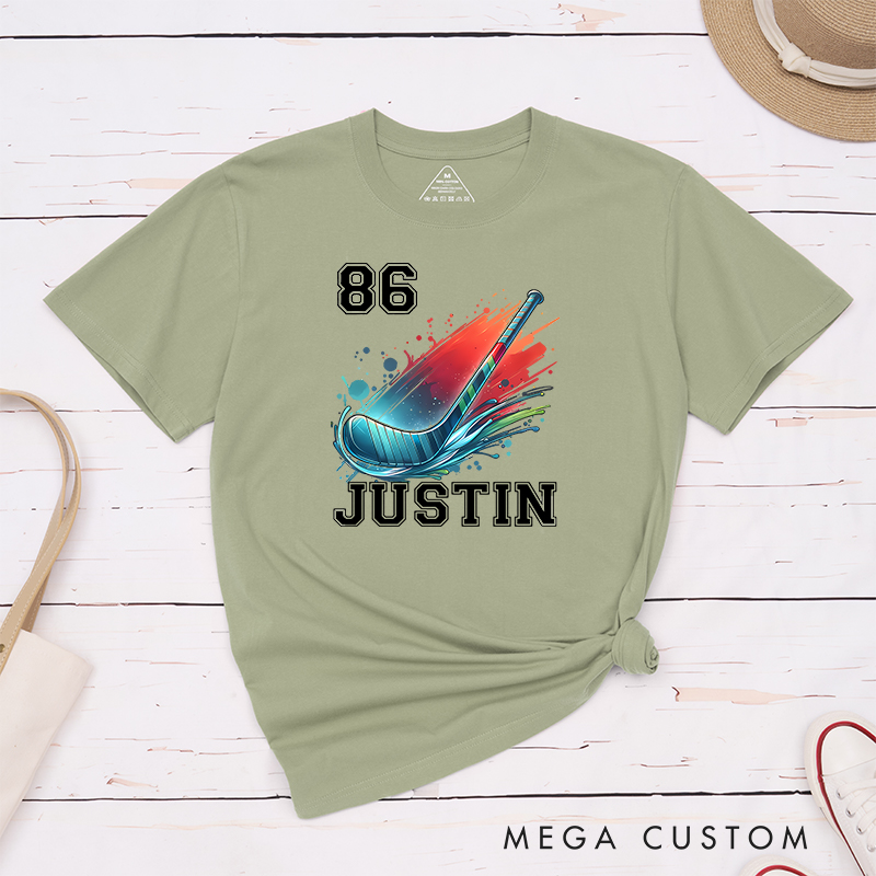 Personalized Athletic T-Shirt with Hockey Stick and Customizable Name