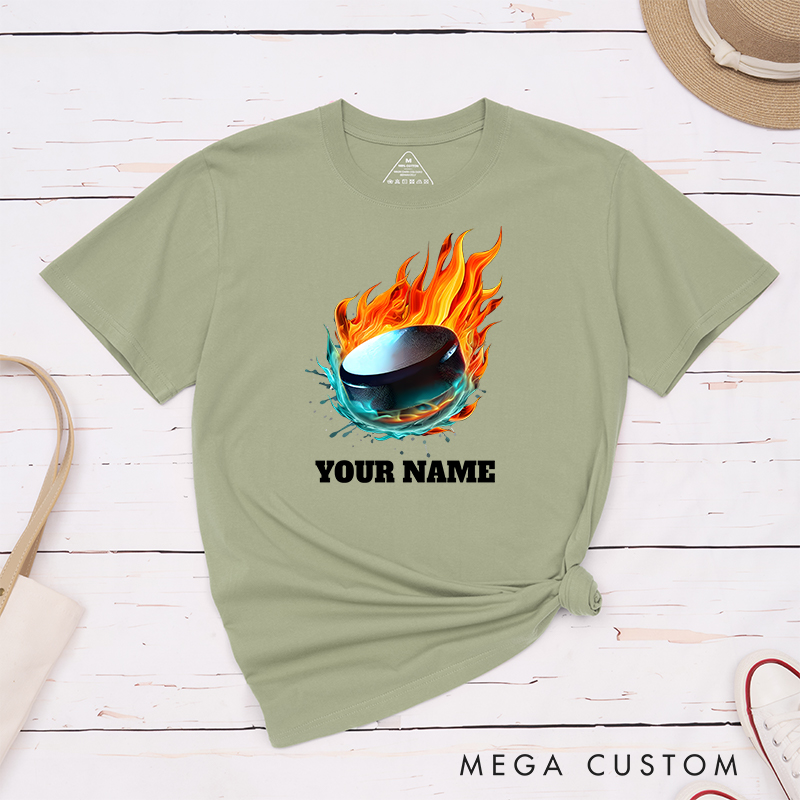 Personalized Flaming Hockey Puck T-Shirt with Custom Name  
