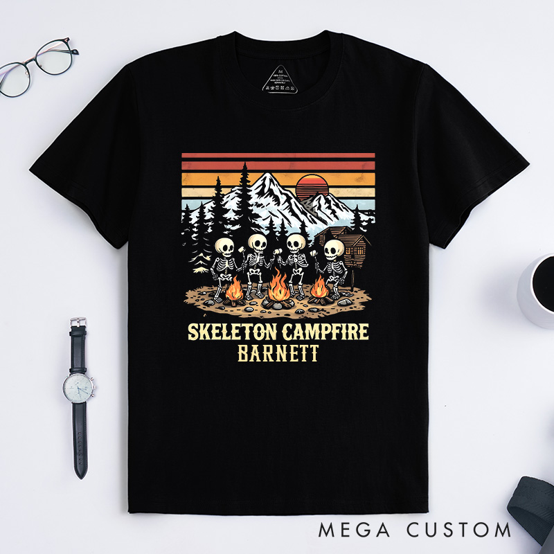 Personalized Skeleton Campfire T-Shirt Camping Hiking Lovers Shirt Halloween Gift Outdoor
