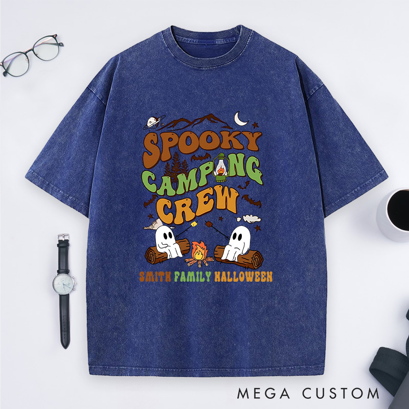 Personalized Spooky Camping Crew Washed T-Shirt a Haunted Campfire Adventure T-Shirt Halloween Gift Outdoor Lover